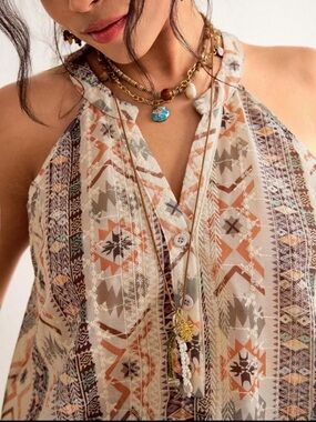Boho Aztec Print Embroidered Tank Top Blouse Shirt